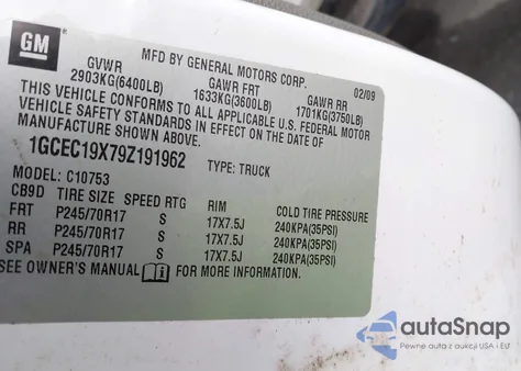 2009 Chevrolet Silverado 1500 Work Truck z USA, uszkodzony, nr VIN 1GCEC19X79Z191962